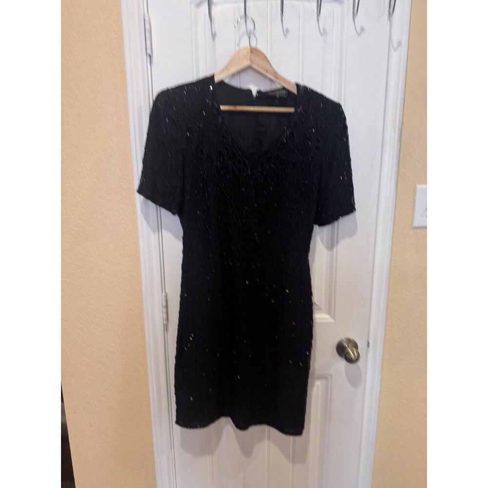 Royal Feelings VTG 80s SILK SEQUIN Dress Flapper 1920s Inspired Black size 10